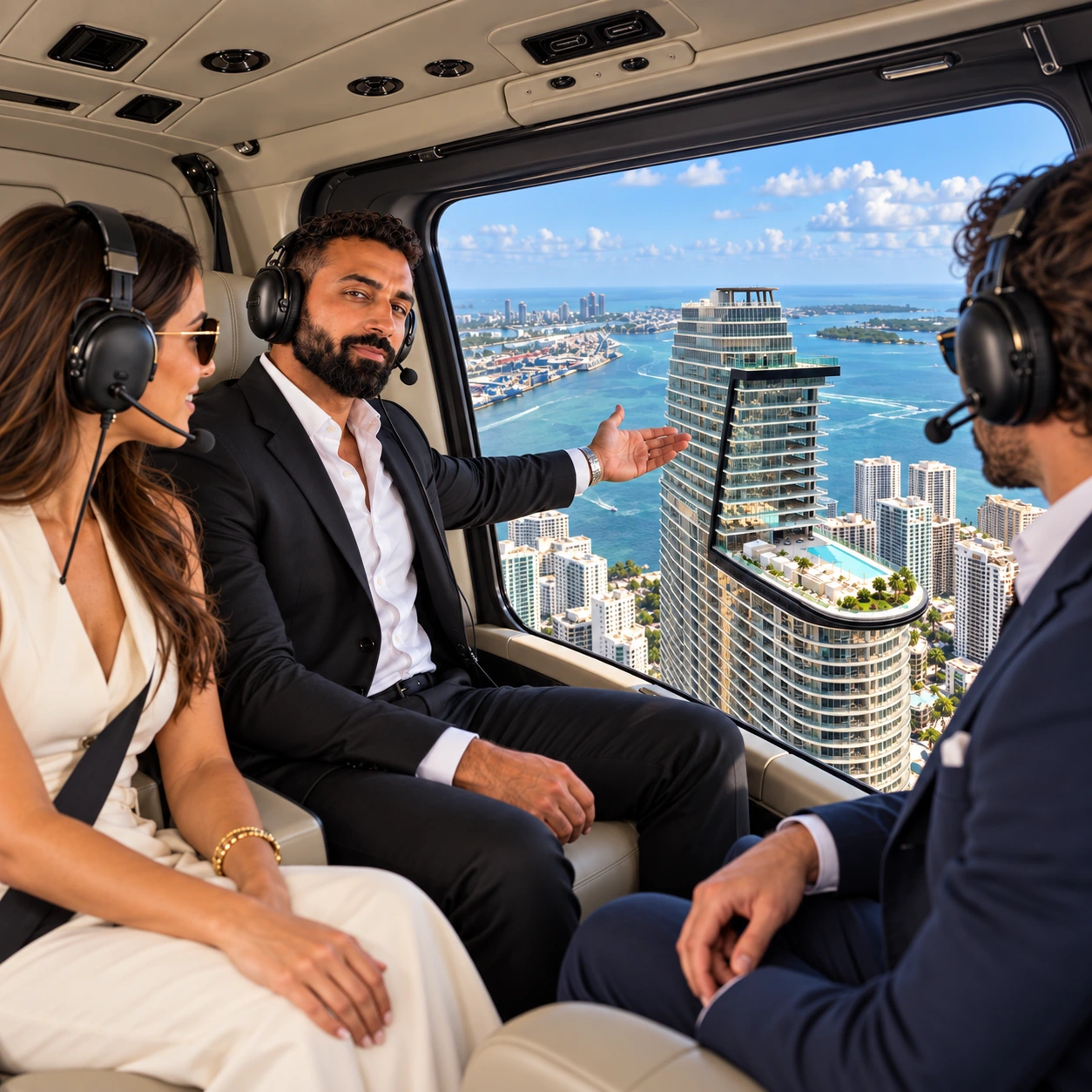 Samuel Arakel with two visitors in a helicopter overlooking Miami