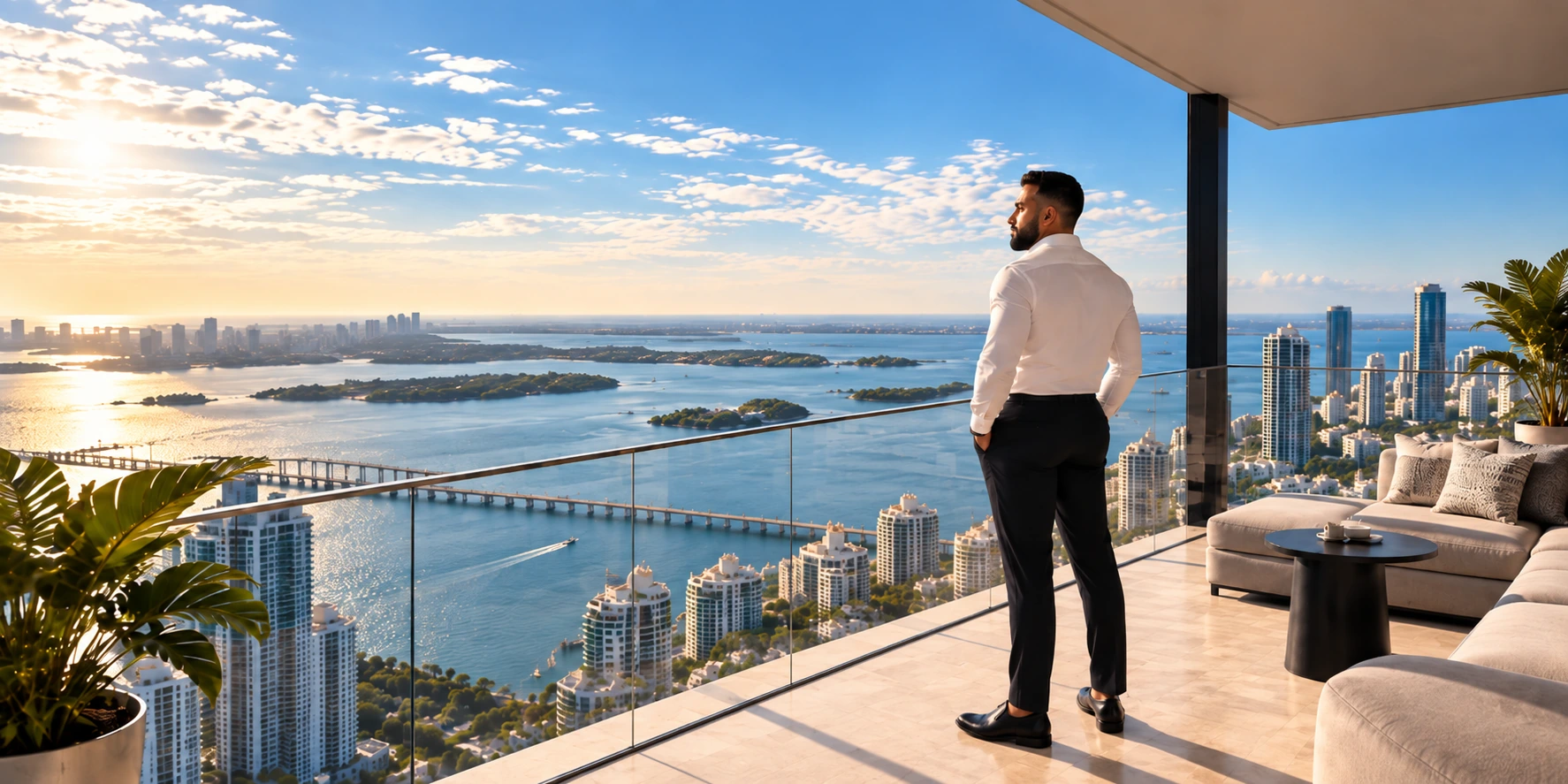 Samuel Arakel looking out across Miami Bay from a waterfront residence