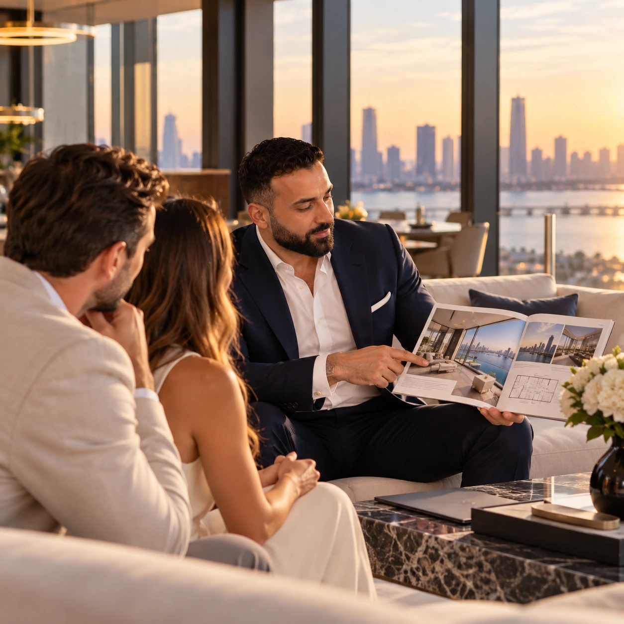 Samuel seated with two visitors reviewing a property brochure