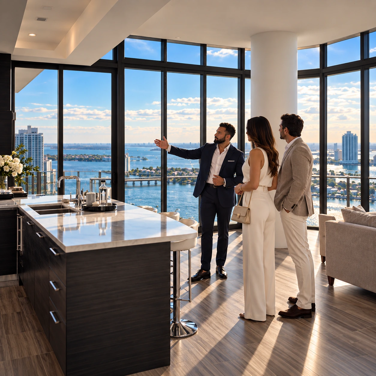 Samuel discussing a Miami residence with two visitors inside a waterfront apartment