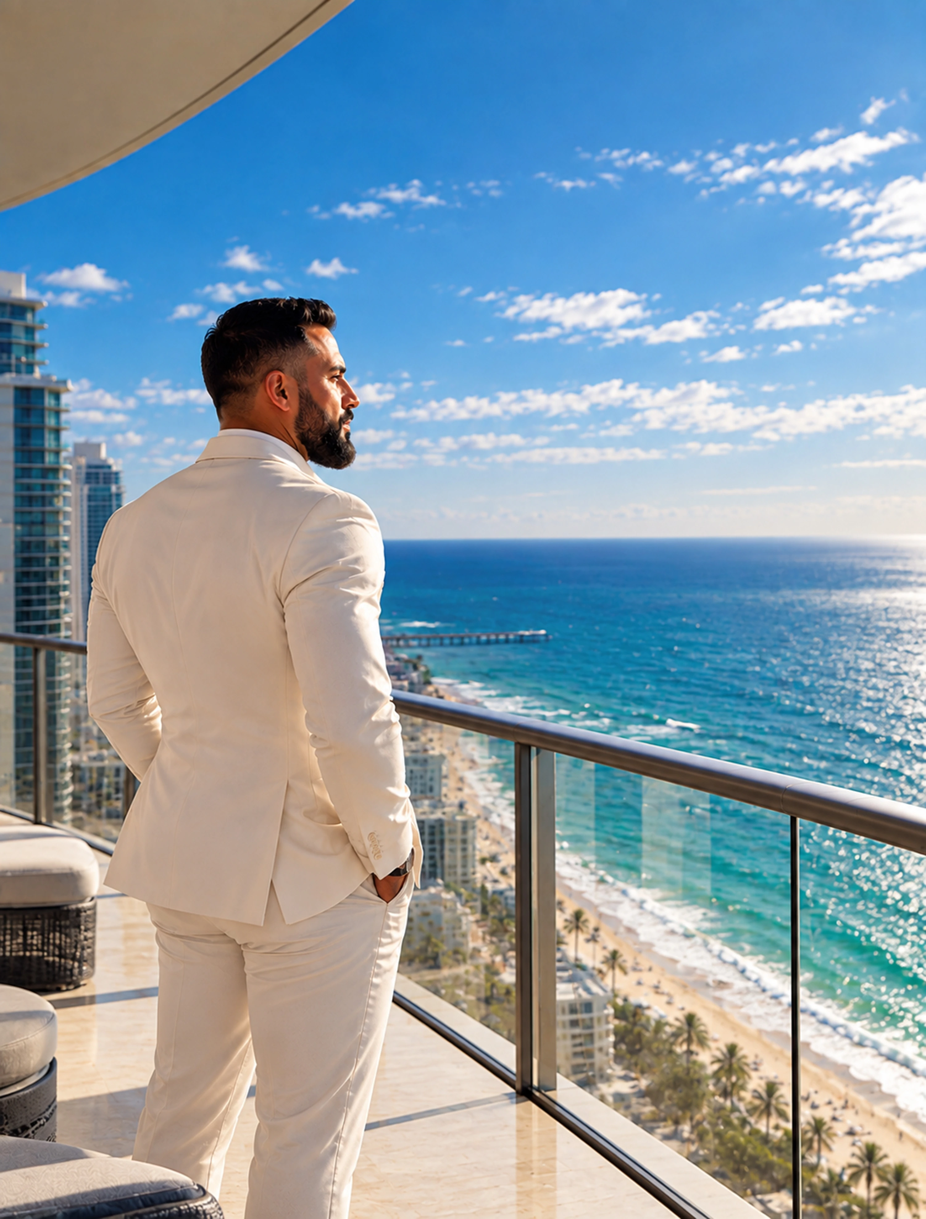 Samuel looking toward Miami's oceanfront from a residence terrace